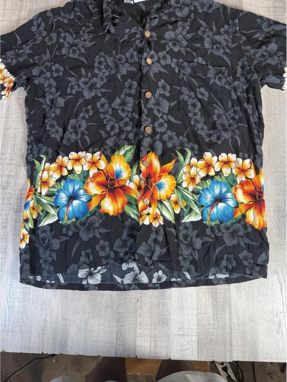 Vintage Kennington Cali Mens Large Floral Hawaiian Shirt Wood Button Aloha Rayon - Picture 2 of 9
